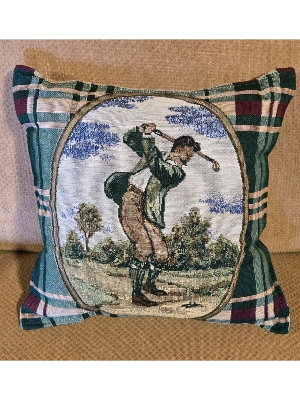 Victorian Golfer Golfing Golf Course Accent Tapestry Pillow